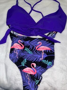 Shewin Halther Cross Wrap Purple Bikini One Piece with Flamingo Print